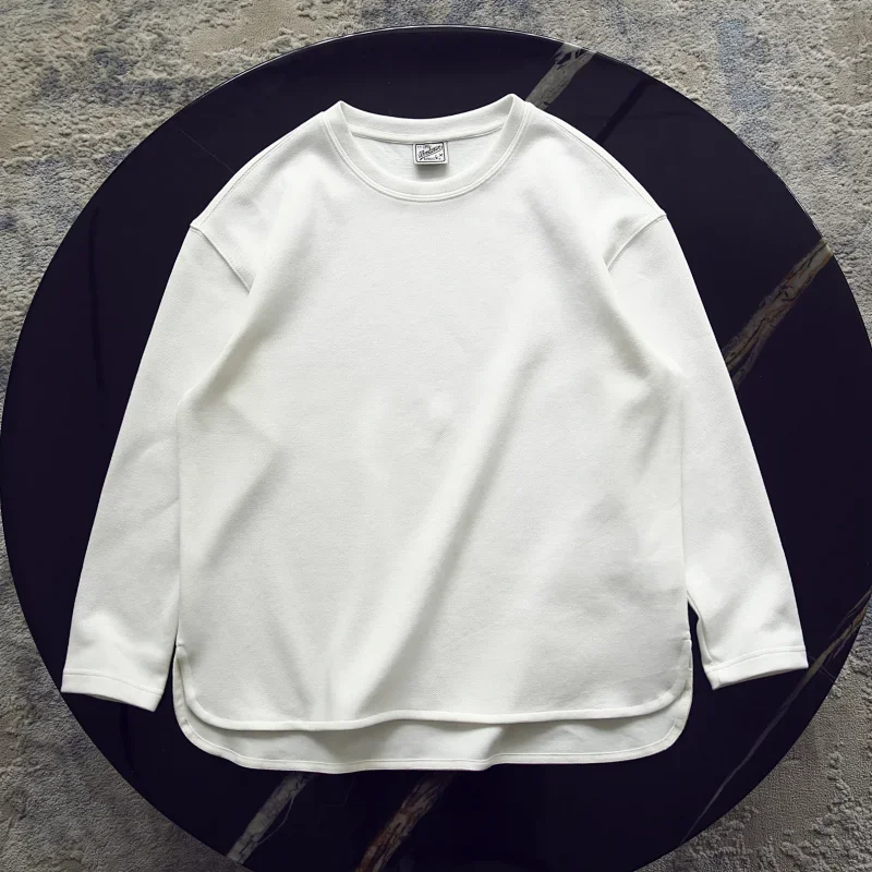 320G Heavyweight Long Sleeve T-shirt Men Solid Color Simple Casual Basic White Tees Curved Hem Chic Design Premium Pullover Tops