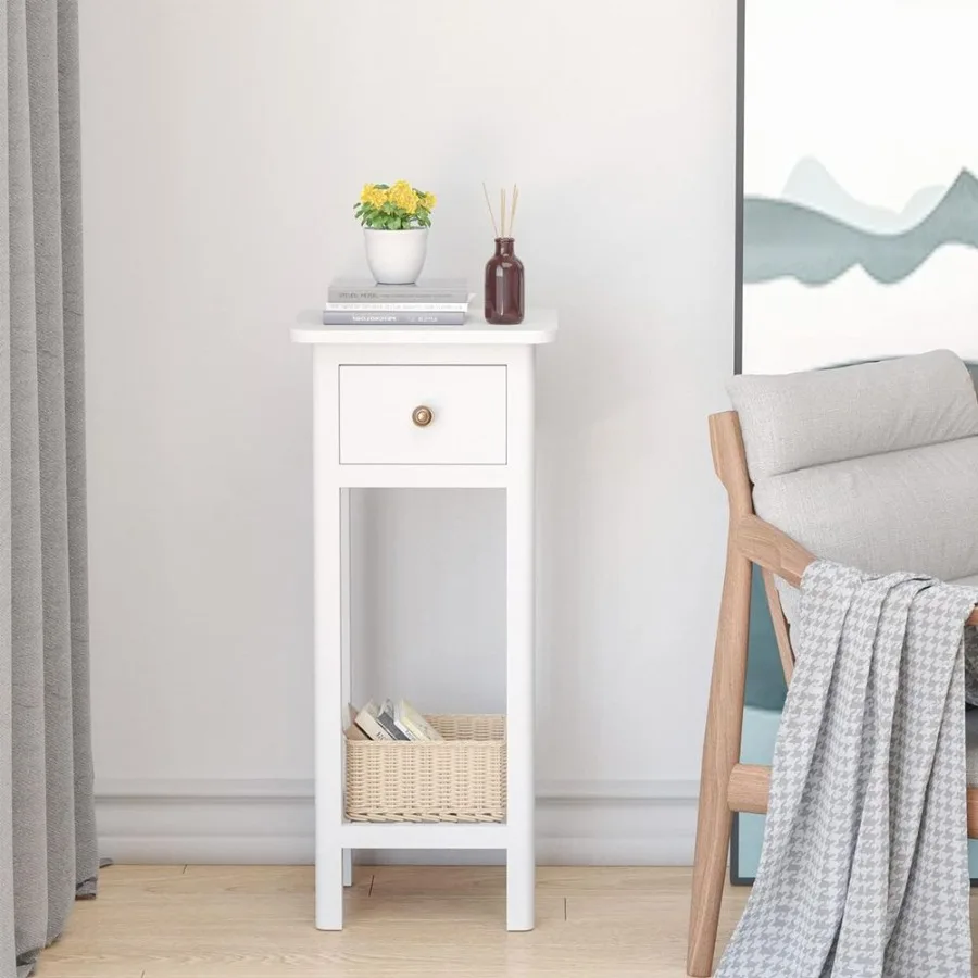 

2 Tier Slim Nightstand Bedside Table with Drawer Shelf