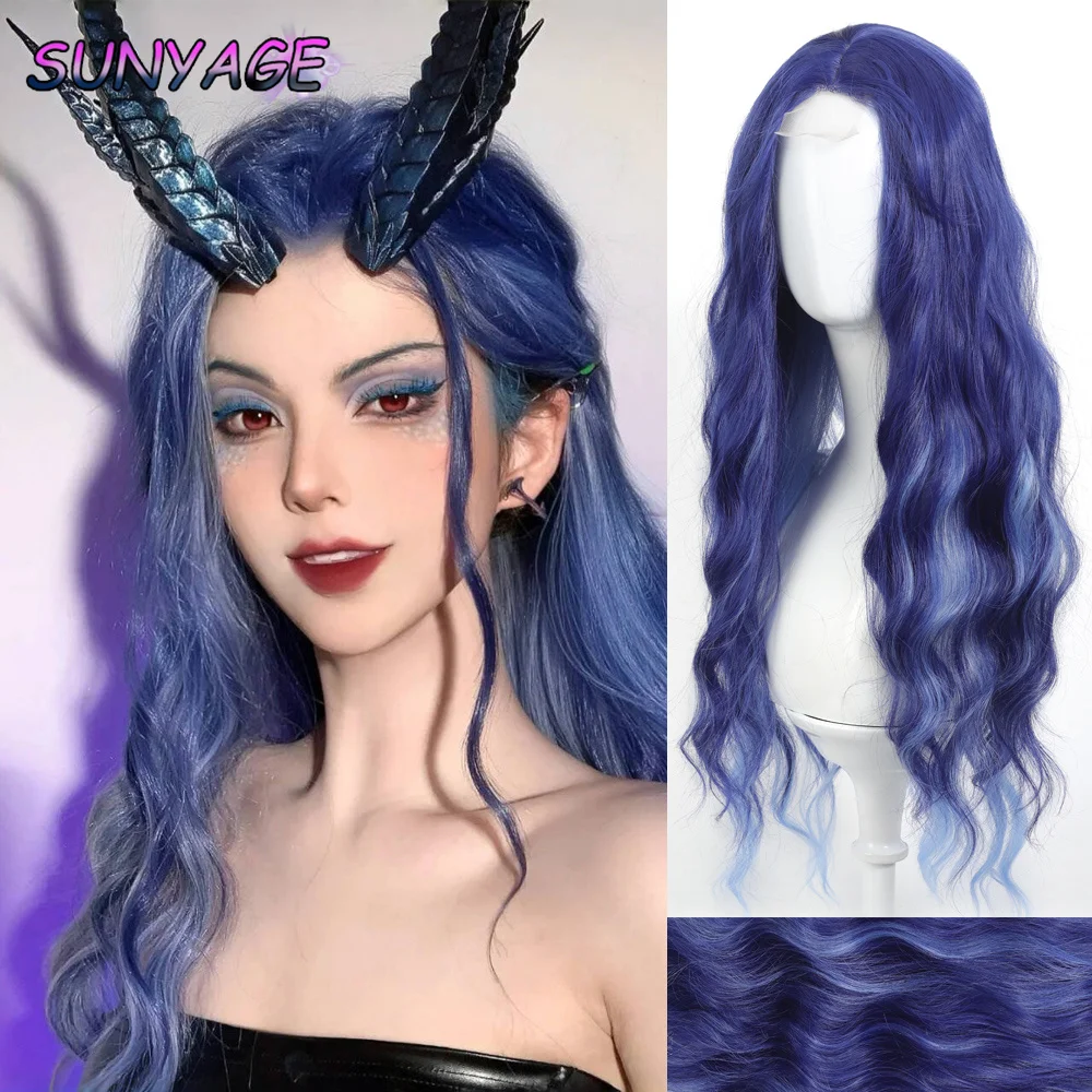 Sunyage anime filmes nezha 2 ao run peruca cosplay longo azul cabelo encaracolado perucas de festa de halloween para presentes femininos peruca de renda tecida à mão