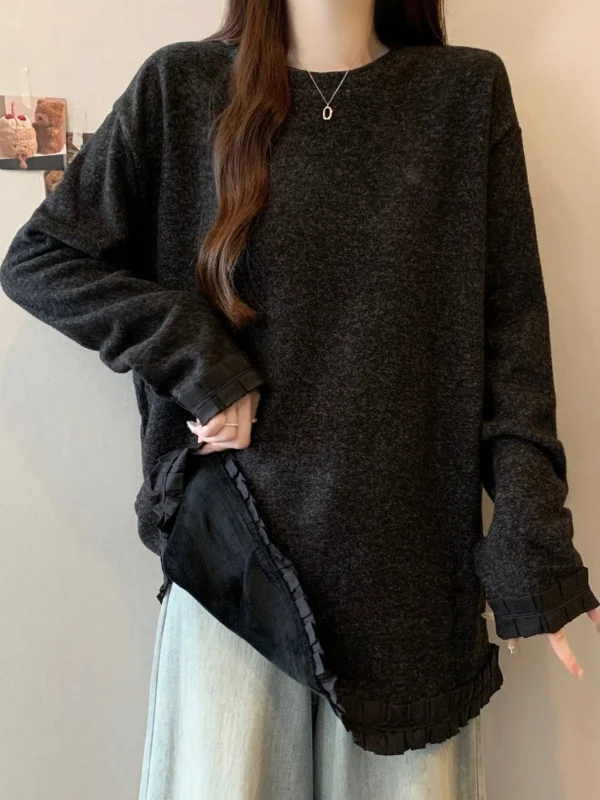 

plus Size Fleece Lined Thickened round Neck Long Sleeve Hoodie Women Loose Lazy mid Length Butt Covering Base Shirt Top