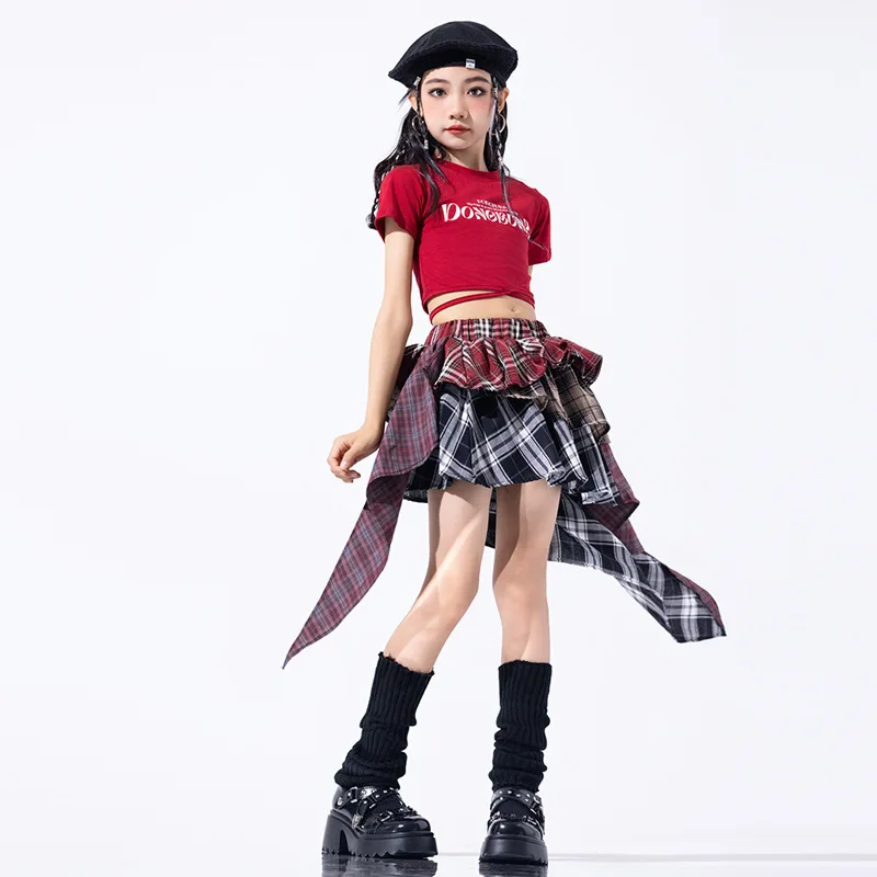 Hip Hop หญิง Crop Top ลายสก๊อต Street Dance กระโปรงเด็กริบบิ้นจีบกระโปรงวัยรุ่น Jazz Cool เครื่องแต่งกาย Streetwear เสื้อผ้าชุด
