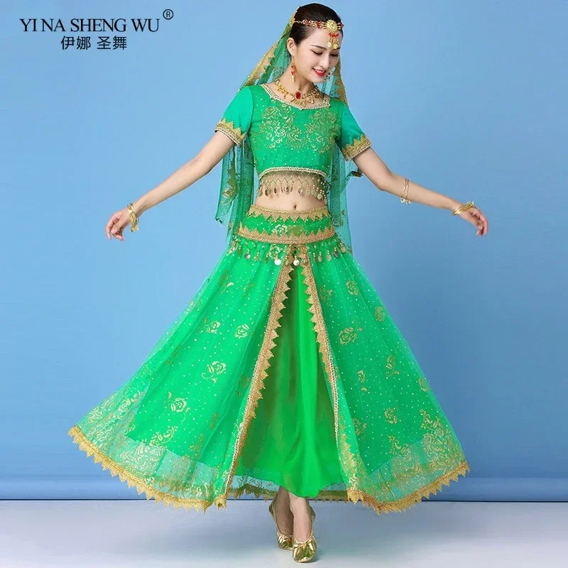 Women Indian Bollywood Belly Dance Costume Dance Sari Bollywood Belly Dance Stage Performance Chiffon Dance Top Belt Skirt Set