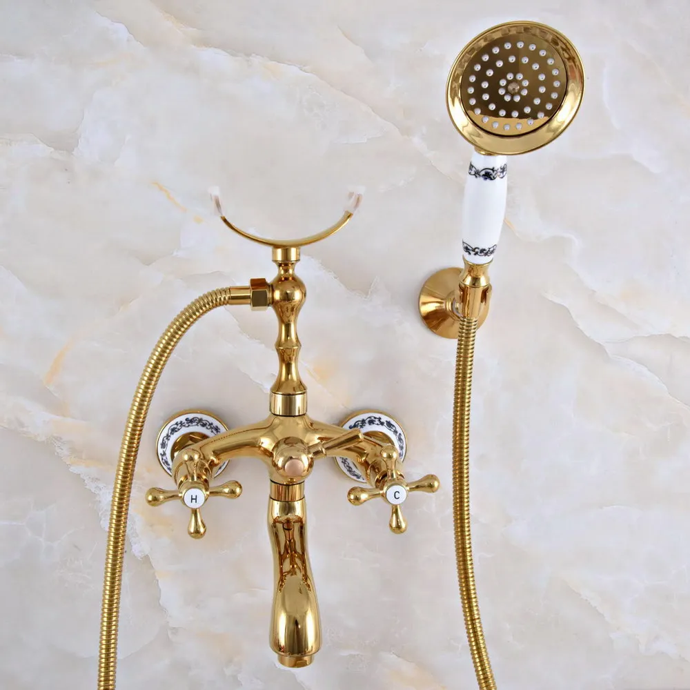 

Polished Gold Brass Double Handle Wall Mounted Bathroom Bath Tub Faucet Set with 150CM Hand Held Shower Spray Mixer Tap 2na949