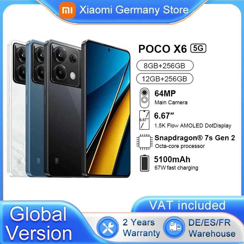 POCO X6 5G Global Version 6.67 ''120Hz AMOLED Display Snapdragon 7s Gen 2 64MP Camera 67W Turbo Charging 5100mAh Battery