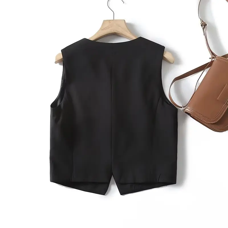 Withered French Retro Ladies Suit Vest Women Black Color Single Breasted High Waist Vest Sleeveless Top