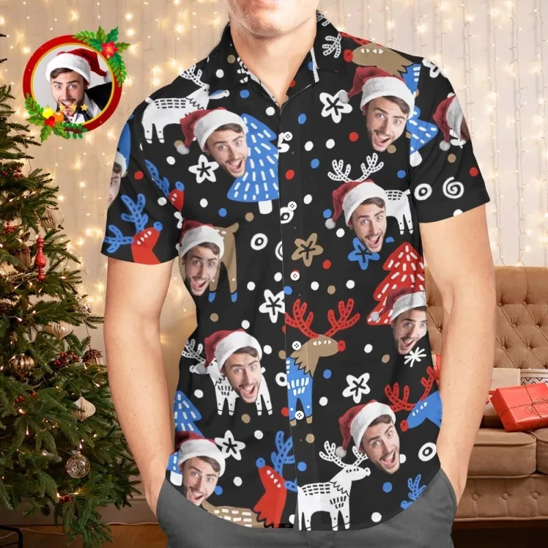 Custom Face Photos Hawaiian Shirts For Men DIY Men\'s Christmas Blouse Shirts Short Sleeve Funny Tee Shirts Mens Clothes