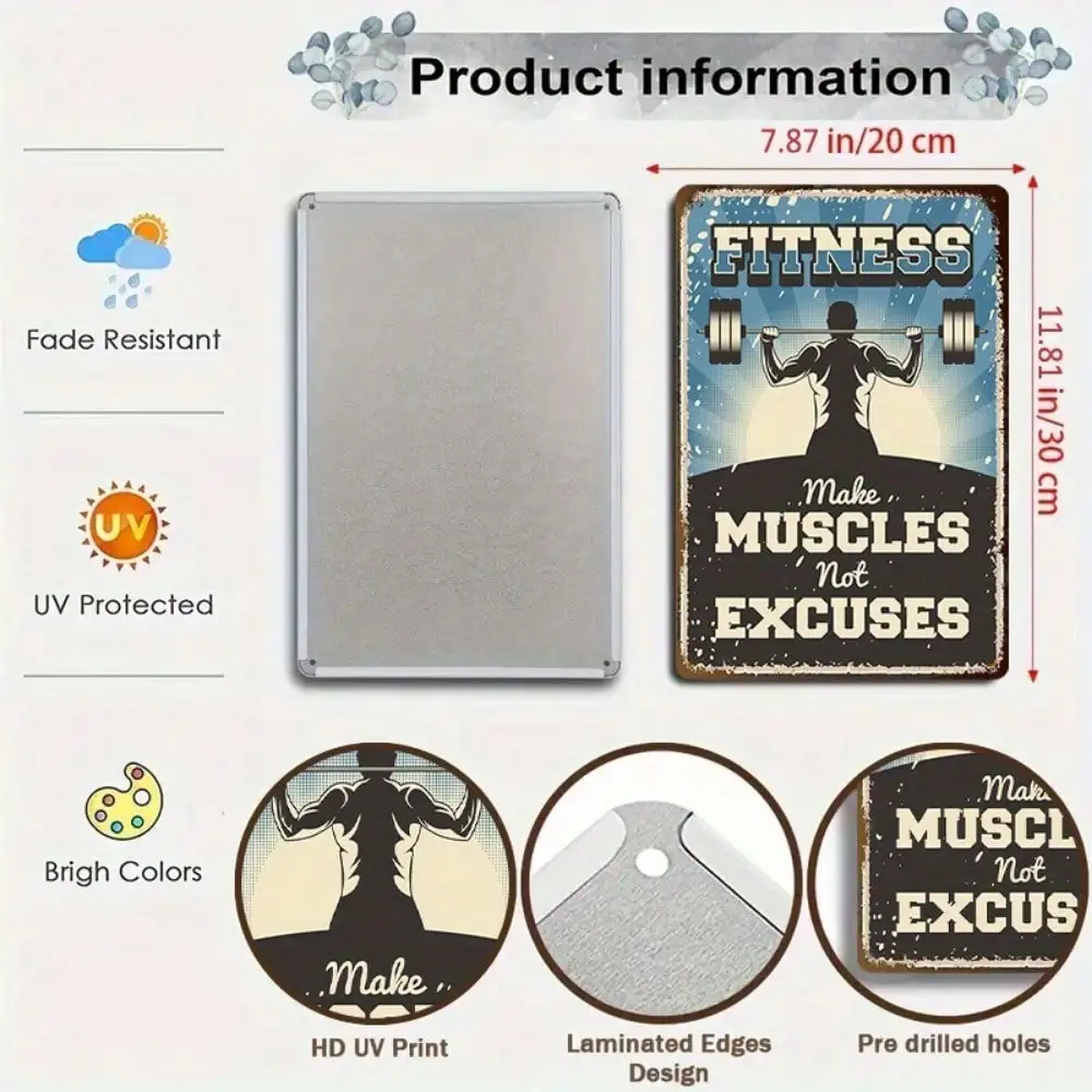 Panneau en étain pour faire des Muscles, pas des excuses, citation de motivation pour gymnastique/entraînement à domicile, 8x12 pouces/20x30 Cm, 1 pièce