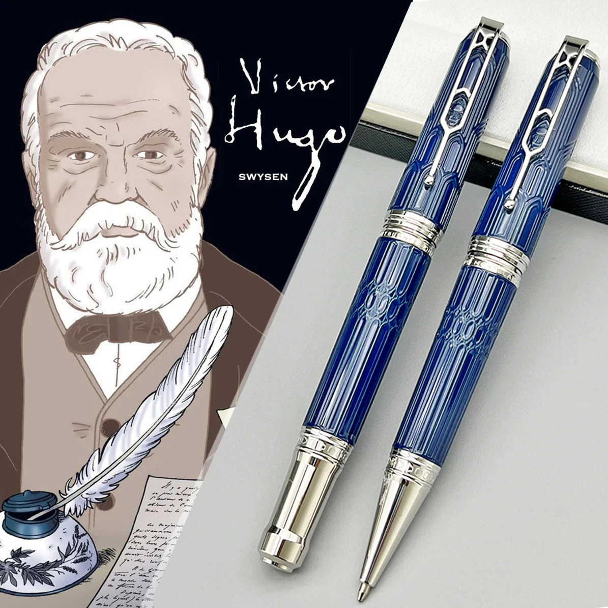 YAMALANG MB Writer Victor Hugo Blue Rollerball Ballpoint Pen Cathedral Architectural Style Engraved Pattern