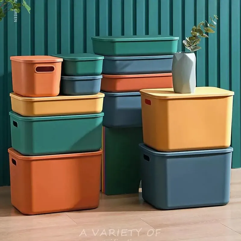 1/2 Pcs Caixas De Armazenamento De Plástico, Cestas Empilháveis com Tampa e Alça, Colorido Desktop Box Cubby Containers