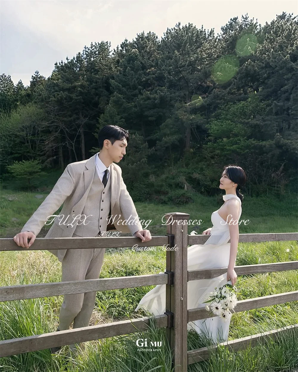 TULX Simple Ivory Korea Wedding Dress Photo Shoot Strapless Sleeveless Corset A line Long Bridal Gowns 웨딩드레스 Customized
