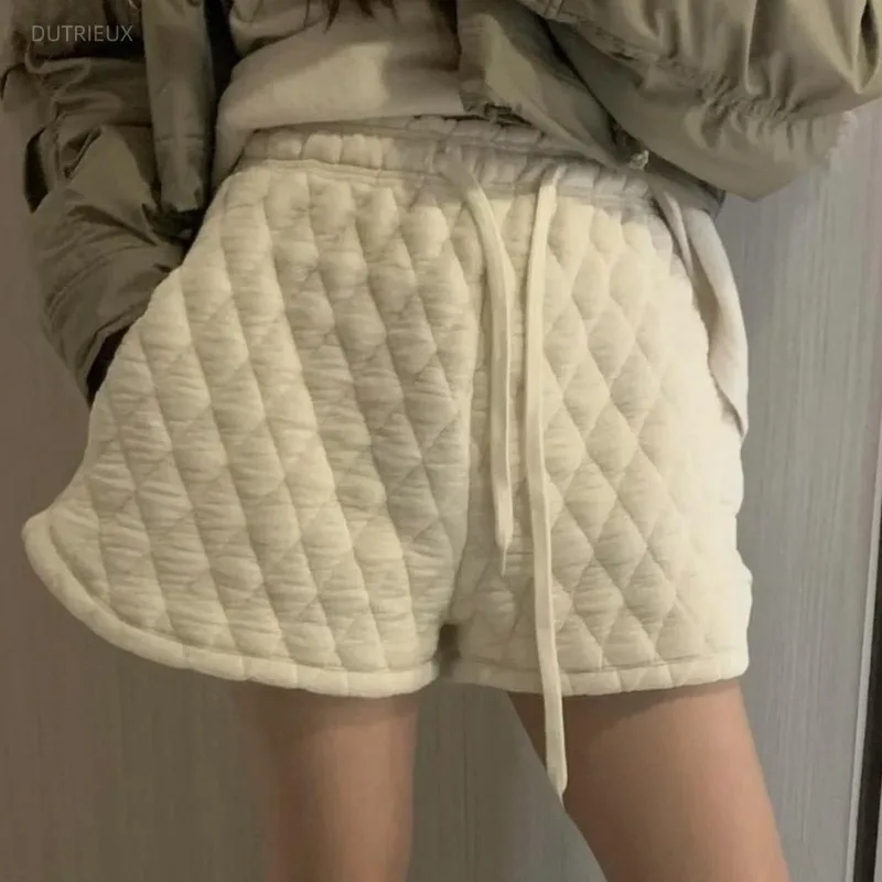 Y2k Drawstring Shorts Mujer Thick Warm Korean Fashion Simple Women Pants Autumn Winter High Waist Pantalones Cortos