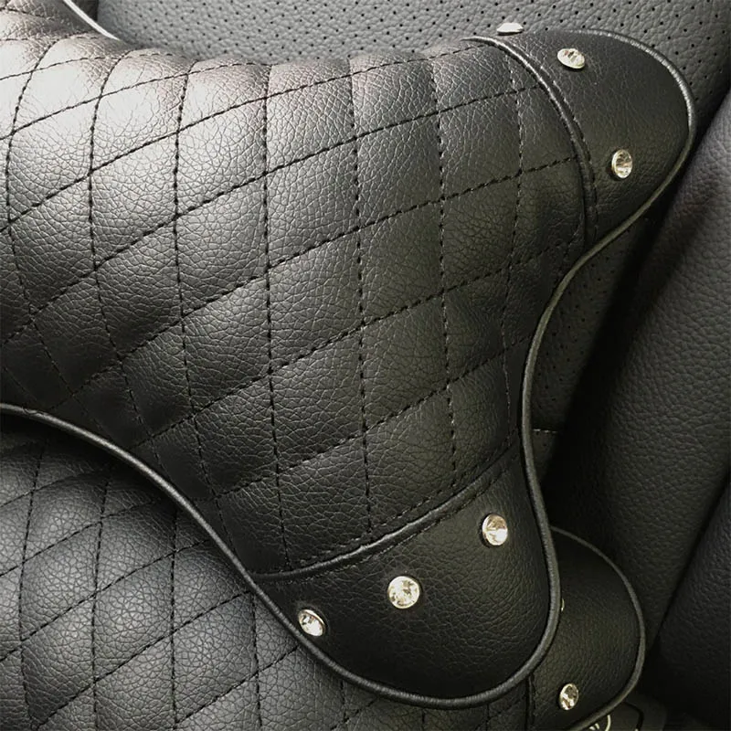 Car Seat Headset Pillow Bling Decorative Pillows Headrest Auto Accessories Interior Women PU Leather Head Cushion Neck Pillow