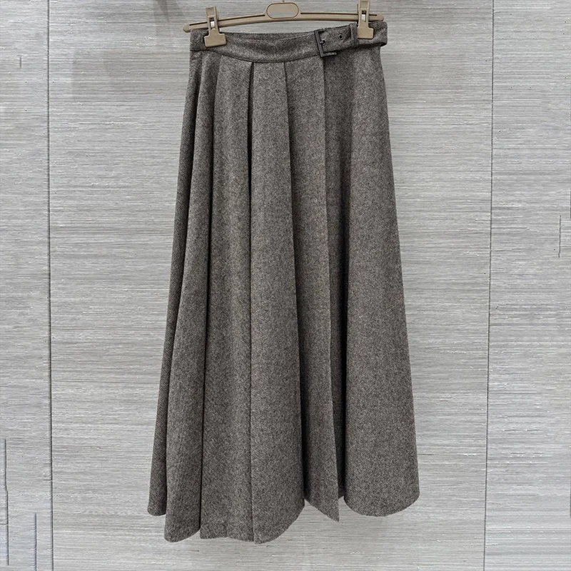 

High-quality old money style twill wool women's elegant Versatile wide pleated mid-length midi skirt 2593099