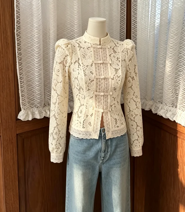 2026 New Off-White Lace Blouse Women Mandarin Collar Frog Button Long Sleeve Fitted Waist Vintage Inspired Top