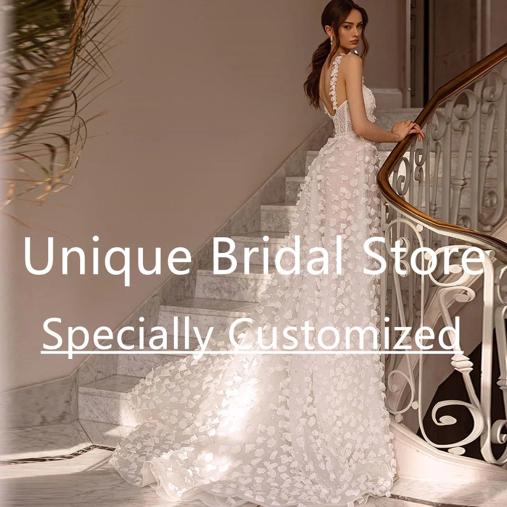 Customized Mermaid Lace Bridal Gown Spaghetti Strap V-Line Backless Applique Sequins High Split Brush Train Wedding Dress For Wo