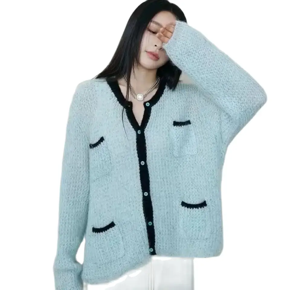 Pull Doux en Mohair à Col Rond et Manches sulf, Vêtement Décontracté, avec lèvent, Solide, à la Mode, pour Document, Nouvelle Collection Automne Hiver 2024