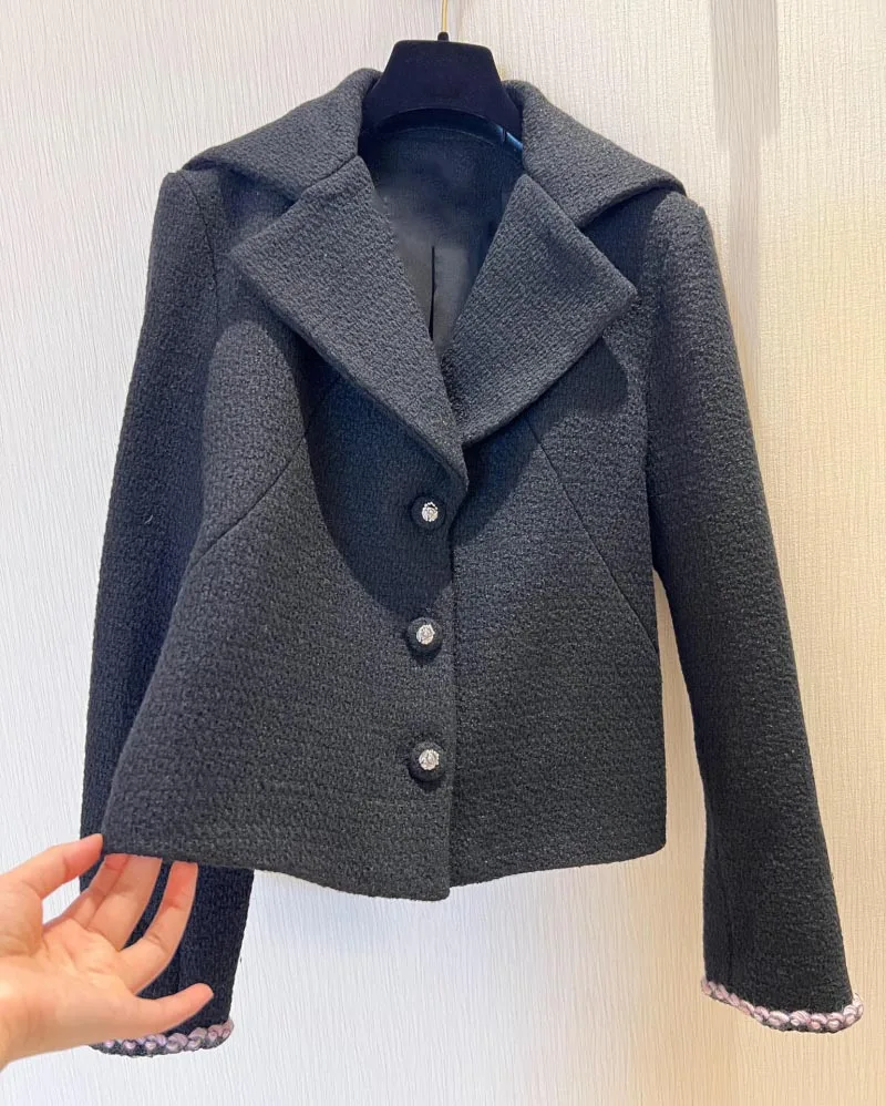 Wool & Blends Women Solid Wool Cashmere Turn-down Collar Tweed Knitted Suit Coat Vintage Sweet Elegant Slim Fit Female Clothes