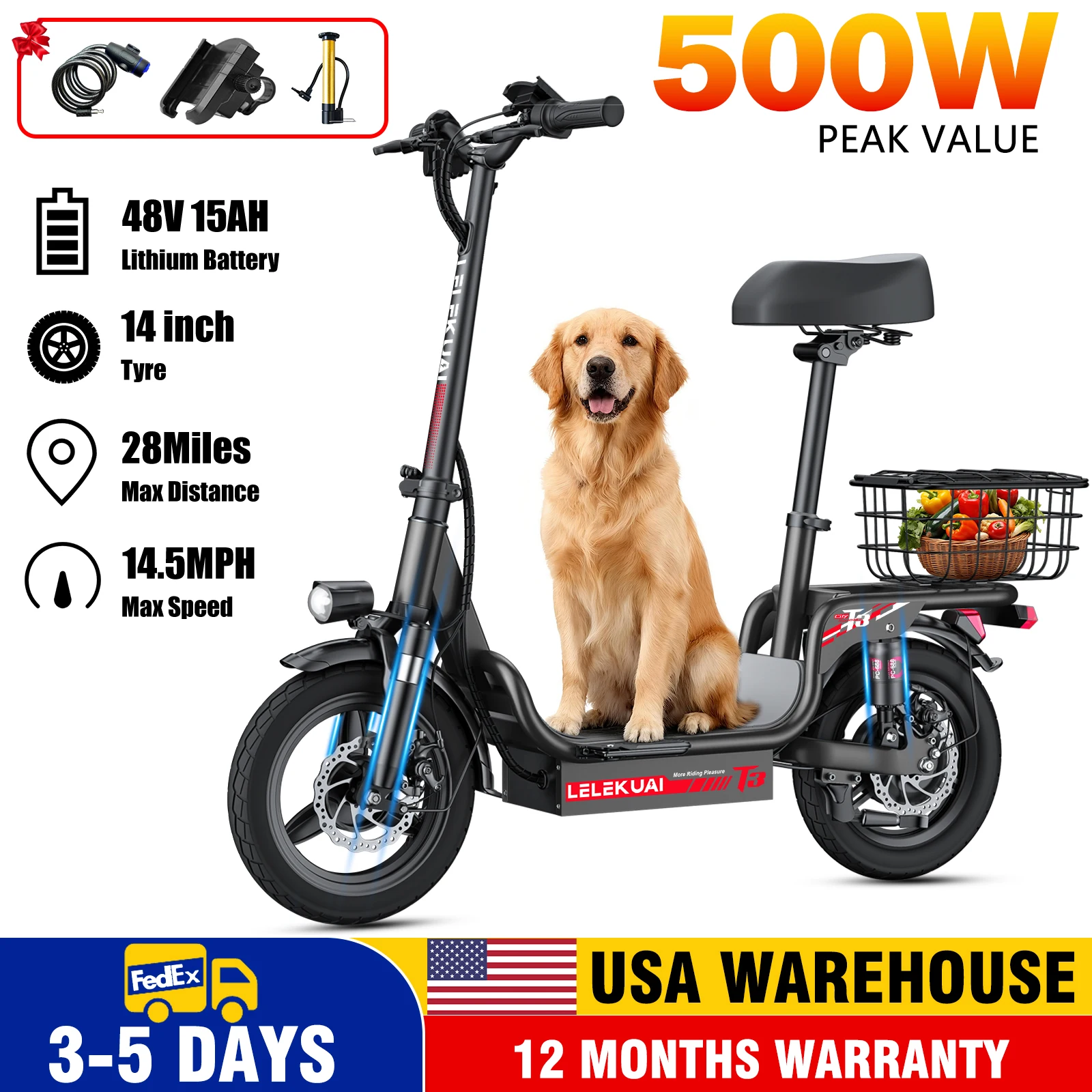 

Электрический самокат для взрослых, двигатель 500 Вт, 32 миль в час, аккумулятор 48 В 15 Ач, складной электрический самокат с корзиной для покупок и поездок на работу