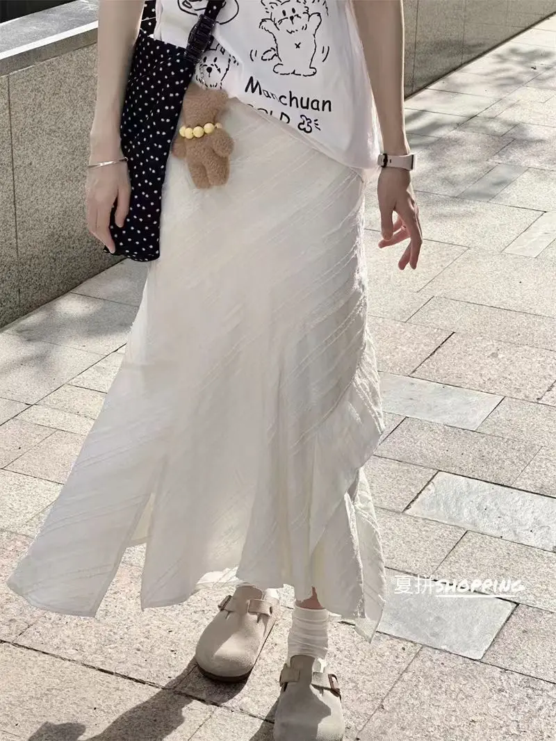 

Белая юбка «рыбий хвост» с нерегулярными рюшами, женская весна-лето, длинные юбки трапециевидной формы с высокой талией, модная эстетичная юбка Falda