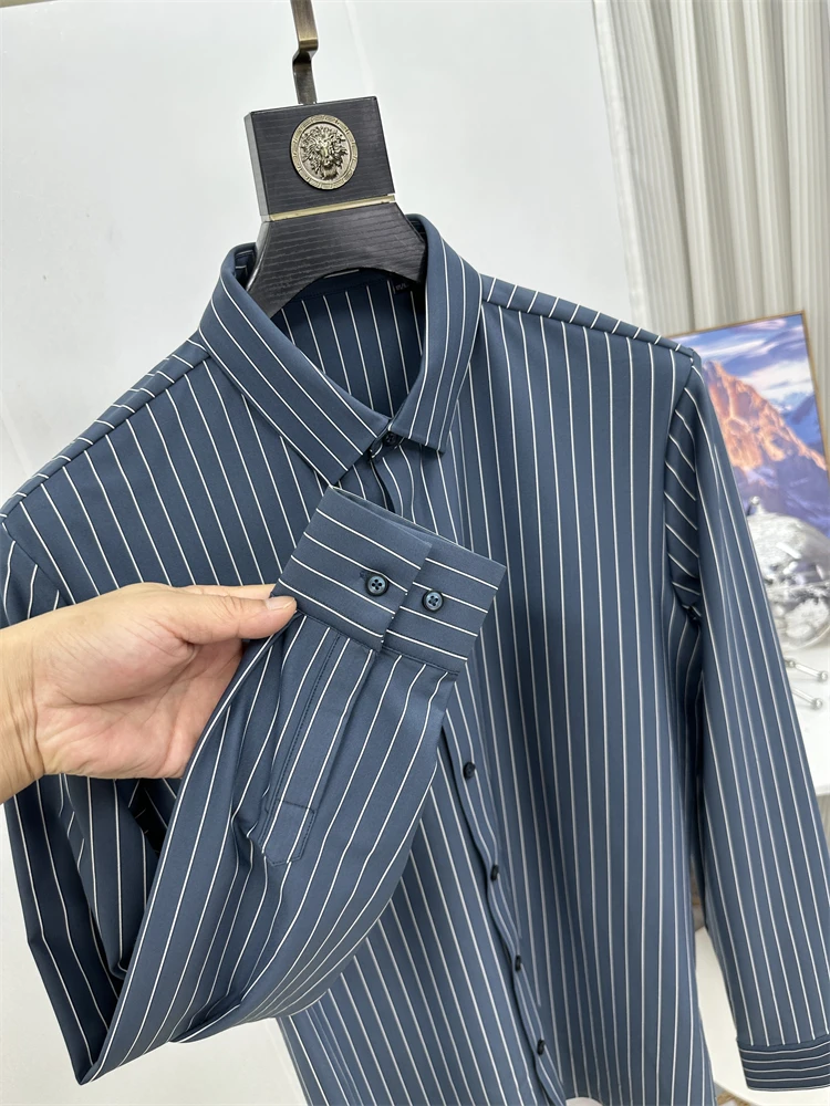 

Smooth Soft Men's Long Sve Striped irt Elastic No Ironing Cardigan Top Ice Silk Slim Fit Busin Casual Spring Autumn