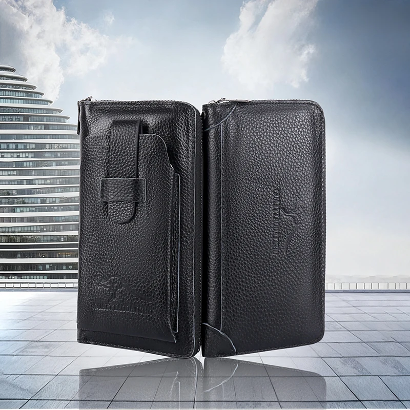 

Мужской кошелек-клатч из натуральной кожи с защитой от сканирования, держатель для карт, монетница на молнии, длинный черный кошелек для мужчин