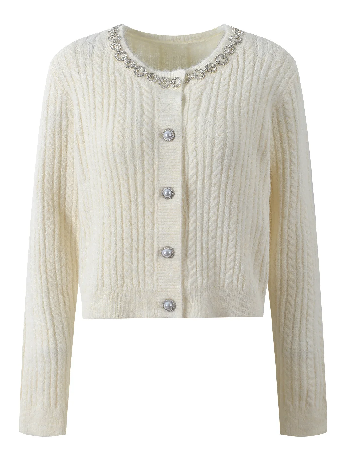 

French Sle ort Knitted Diamond Embedded round Ne Open Cardigan Soft Heavy Work Top for Women Autumn 2025 New Arrival