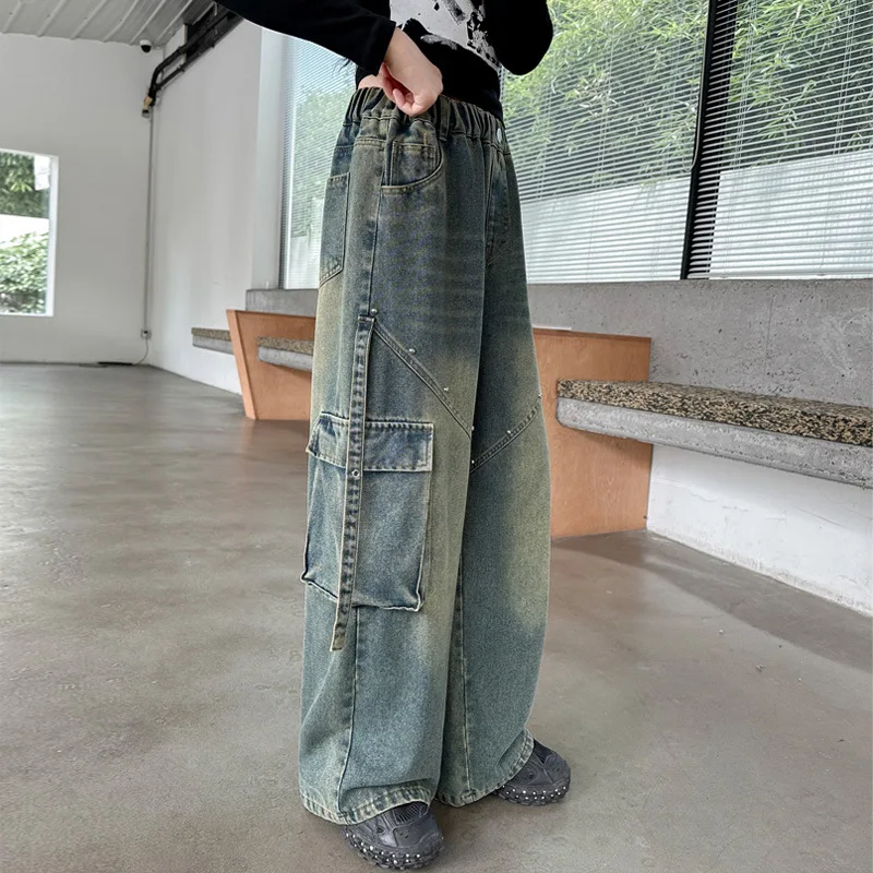 جديد الخريف المراهقات البضائع الجينز مع جيب عالية الخصر بنطال ذو قصة أرجل واسعة الأطفال فضفاض الكورية الأزرق عارضة نمط السراويل #3