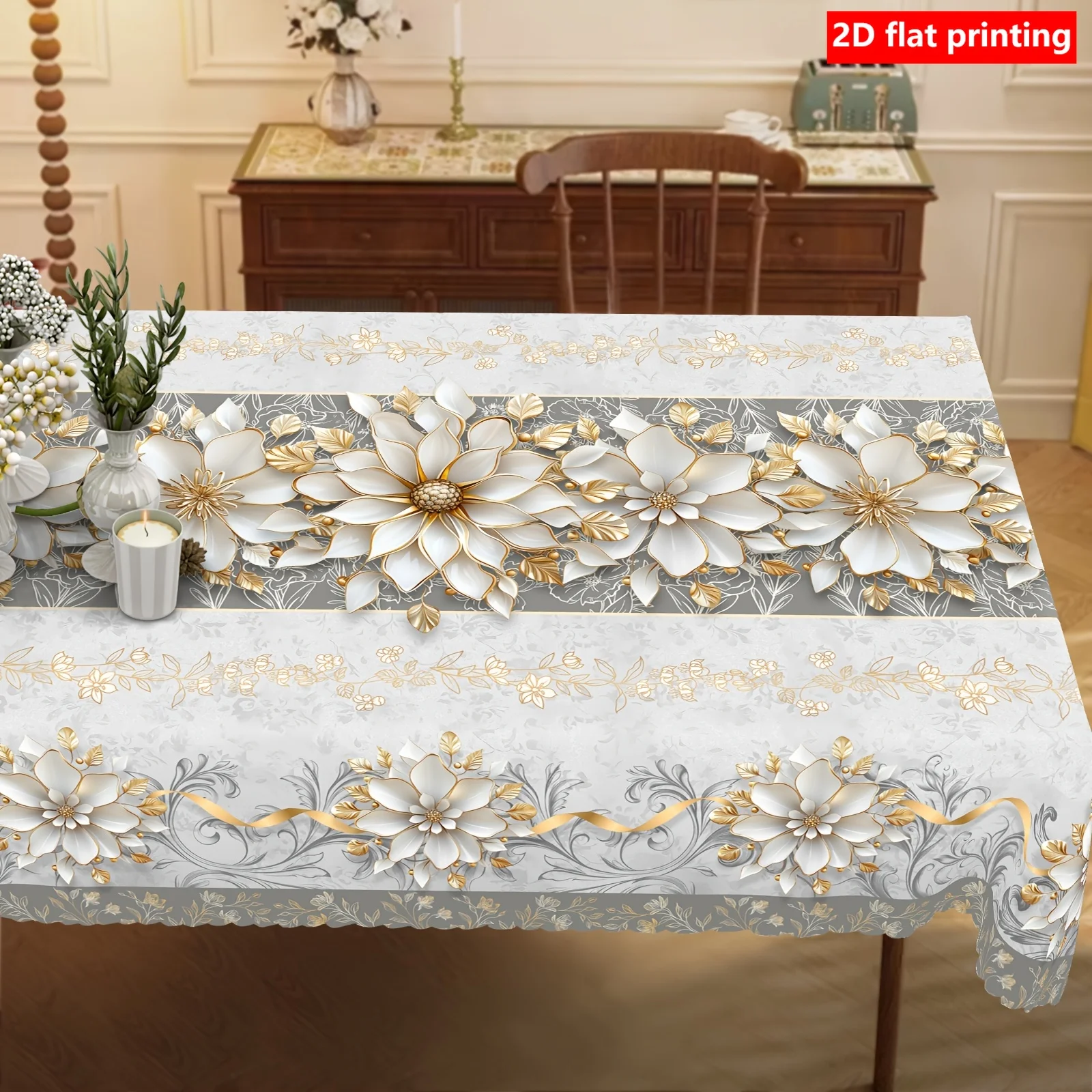 1pc elegant white and gold retro silver-gray luxurious style floral tablecloth, 2D flat printed square design