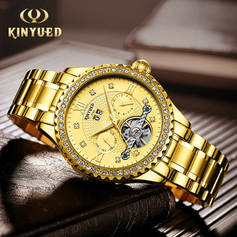 KINYUED الأعمال توربيون ساعة الرجال الذهب ساعات آلية أوتوماتيكية مقاوم للماء العلامة التجارية الأعلى مضيئة الرجال ساعة جديدة Reloj Hombre #2