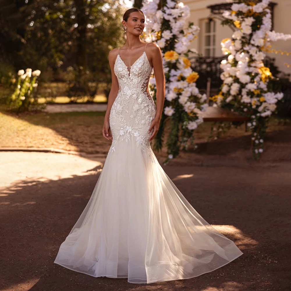 

Tull Lace Appliques Mermaid Wedding Dress Sweep Train Bridal dress For Wedding amanda novias official