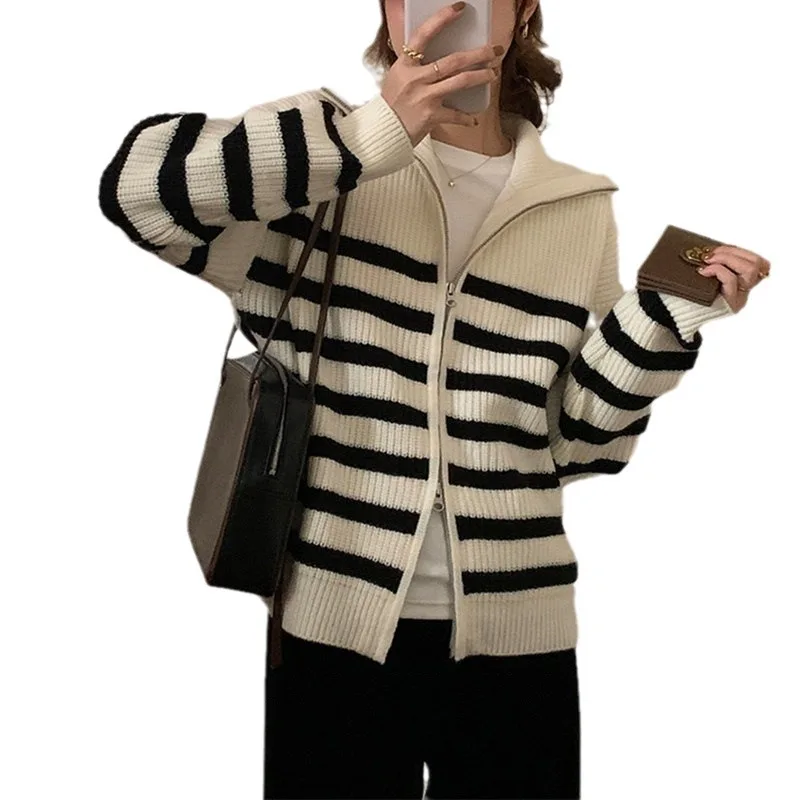 HOUZHOU Striped Zipper Knitted Cardigan Sweater Women Winter Coat Outwear Jumper for Female Korean Streetwear Loose Casual