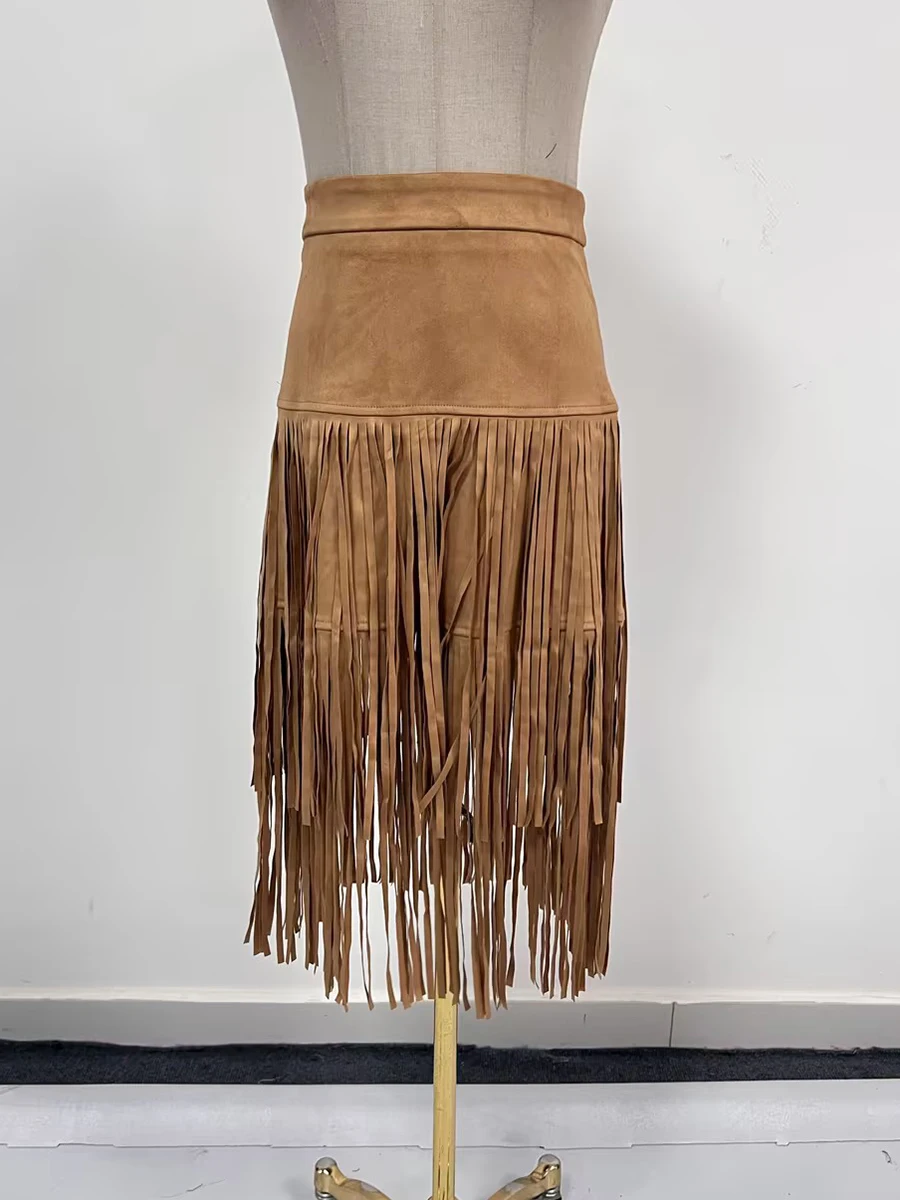 VGH Rok Panjang Gaya Denim Solid Chic dengan Rumbai untuk Wanita Pinggang Tinggi Musim Gugur Rok Pesta Temperamen Fashion Wanita Baru