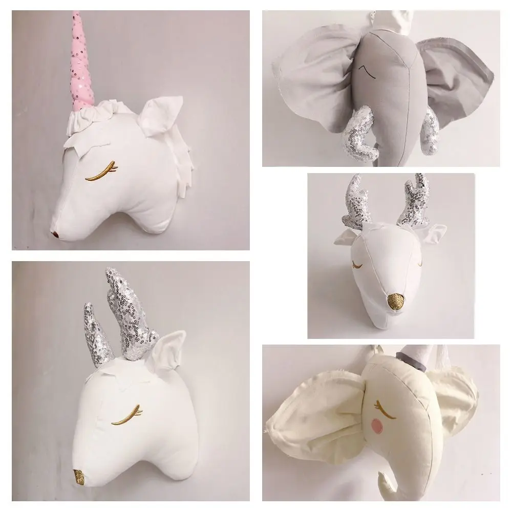 Handmade Felt Animals Head Wall Accessories Elephant 3D Flax Unicorn Baby\'s Room