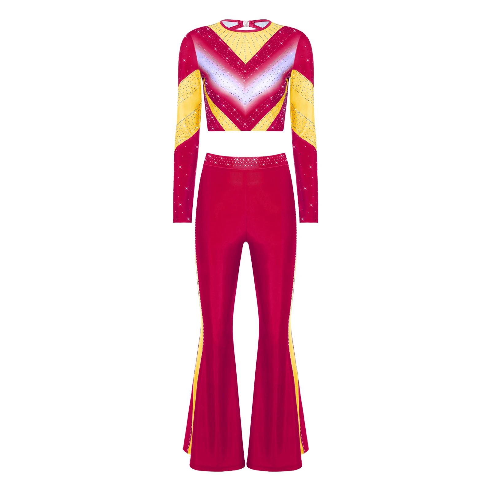 Women Rhinestone Cheerleading Outfit Cheerleading Uniform Long Sleeve Crop Top Flare Pants 2Pcs Cheer Dance Competition Costume