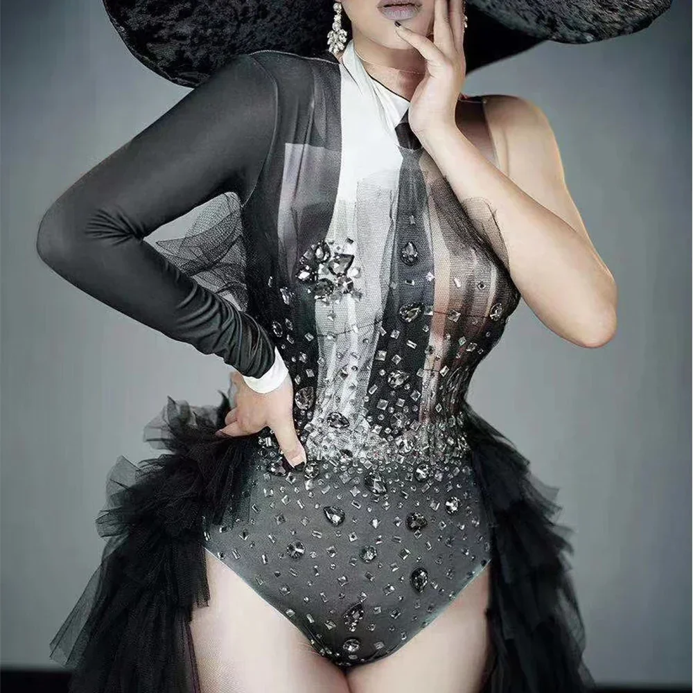 Black Bodysuits  Long Trailing Turn Down Collar Sequins Tie Flowers Body Suits Nightclub Outfits