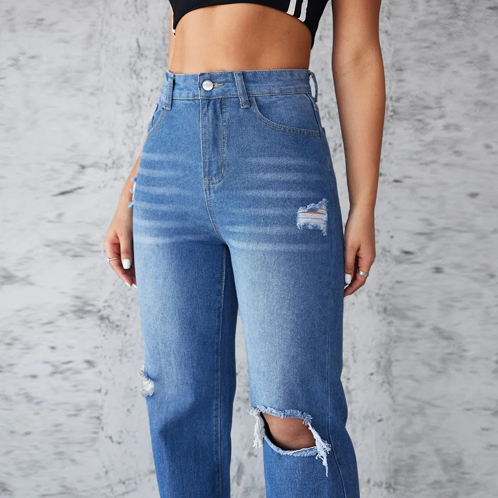 กางเกงยีนส์ขาตรงฉีกแฟชั่นยุโรปและอเมริกาล้าง Four Seasons กางเกงยีนส์เอวสูงทรงหลวมลําลองสําหรับสุภาพสตรี