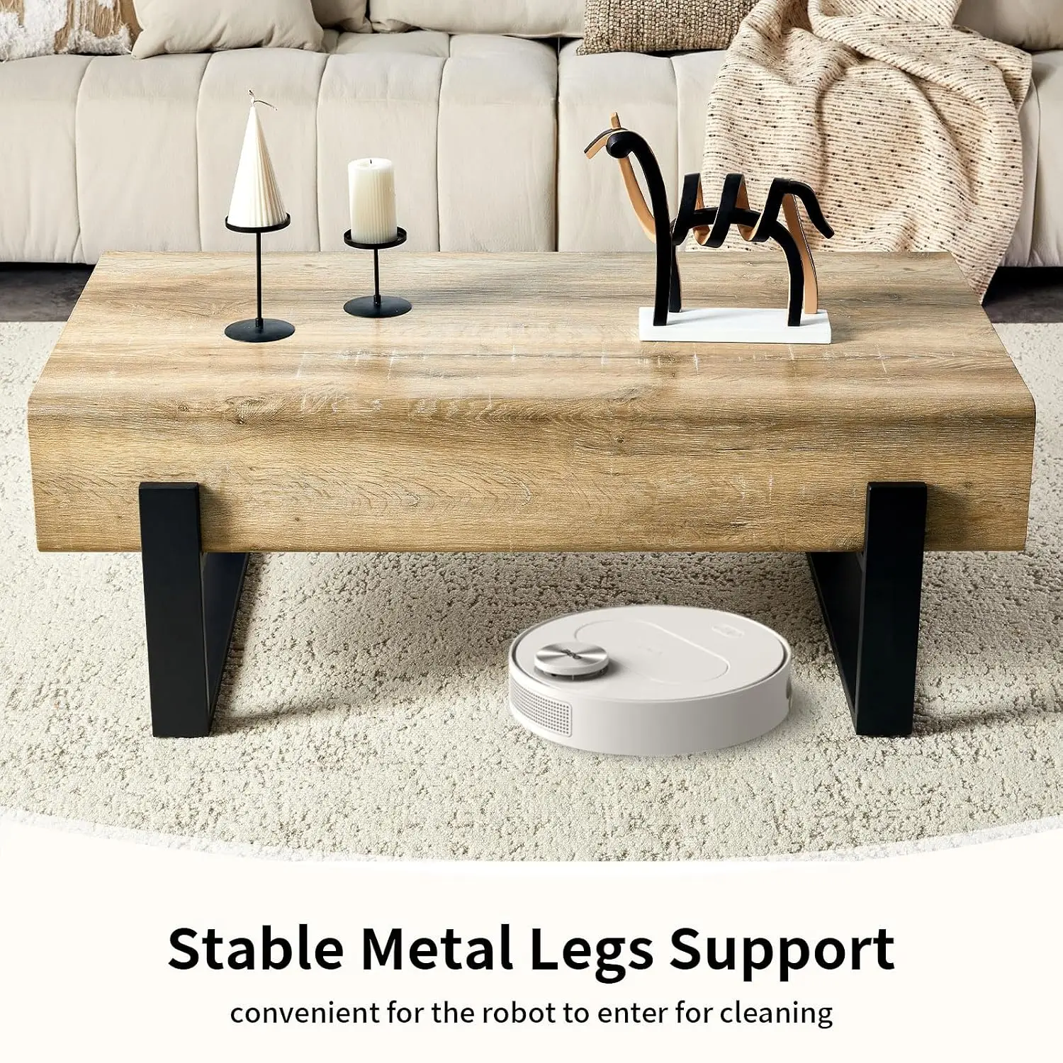 47'' Rustic Coffee Table with Black Metal Legs for Living Room Apartment Small Space Oak, Customized