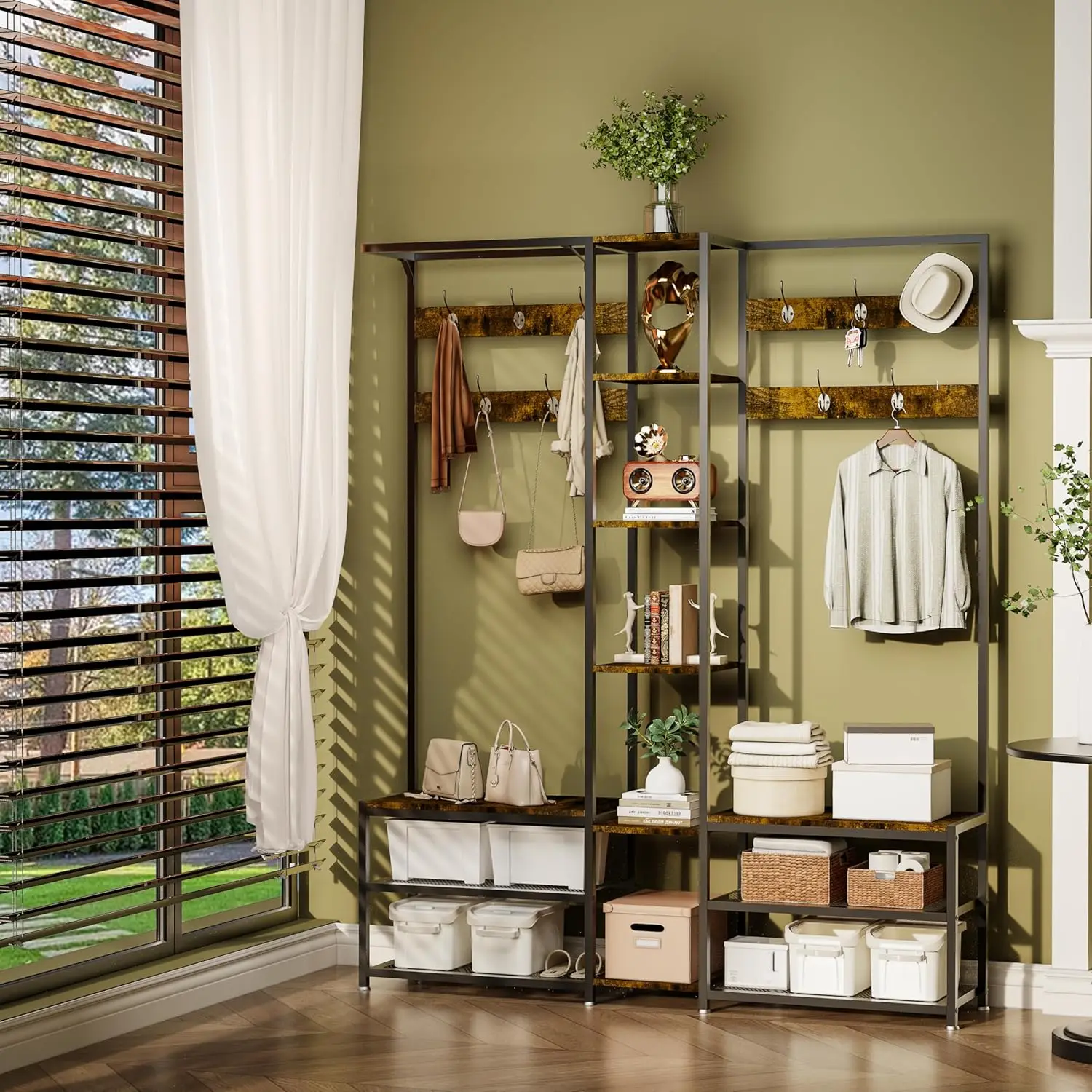 رف المعاطف مع مساحة تخزين الأحذية: حامل المعاطف مع مقعد الأحذية، شماعة ملابس قائمة بذاتها مع إطار معدني صناعي #4