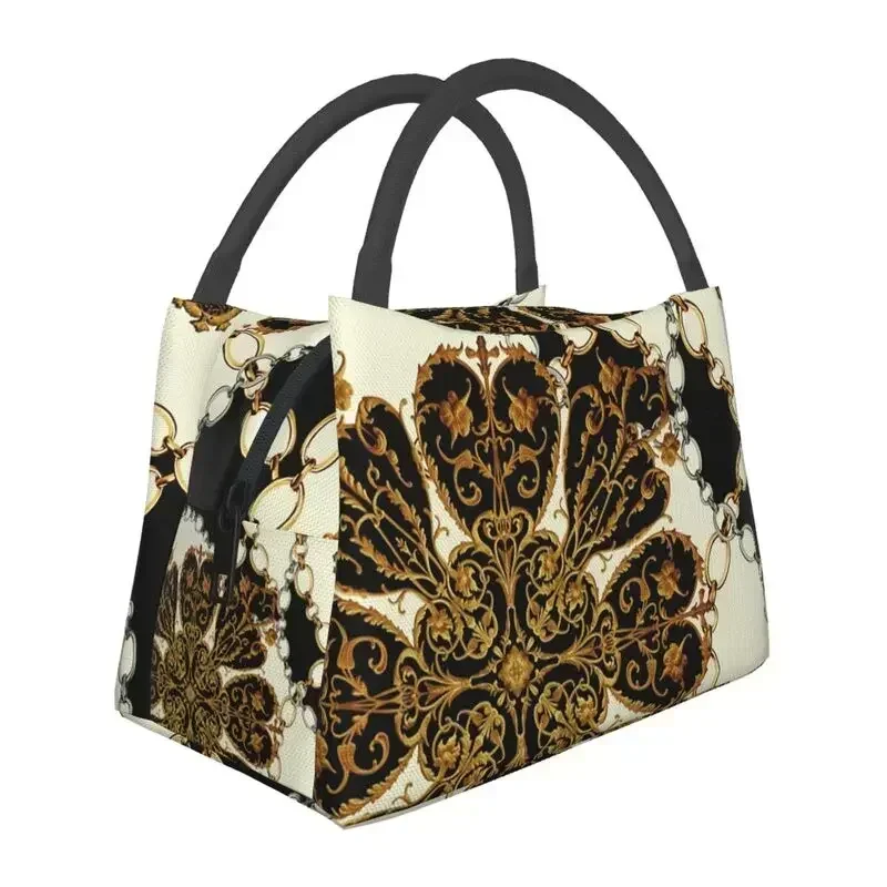 Golden Baroque With Chains Portable Lunch Boxes for Women Leakproof Cooler Thermal Food Insulated Lunch Bag lunchbag