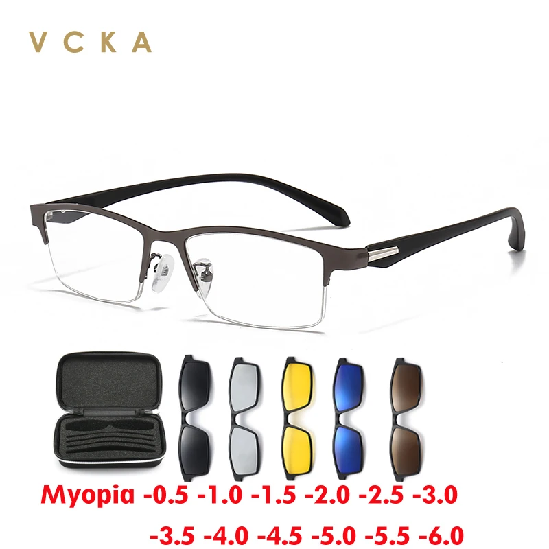 

VCKA Half Frame Polarized Myopia Sunglasses 6 In1 Alloy Men Magnetic Clip Glasses Optical Prescription Women Eyewear-0.5 to -6.0