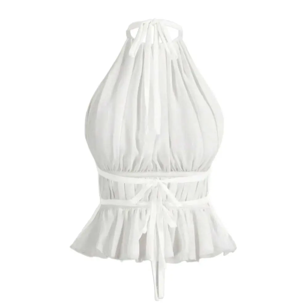 

Simple Sleeveless Lace-up Camisole Halter Pleated Chiffon Vest Tops Beach Wear Solid Color Women's Crop Top Party