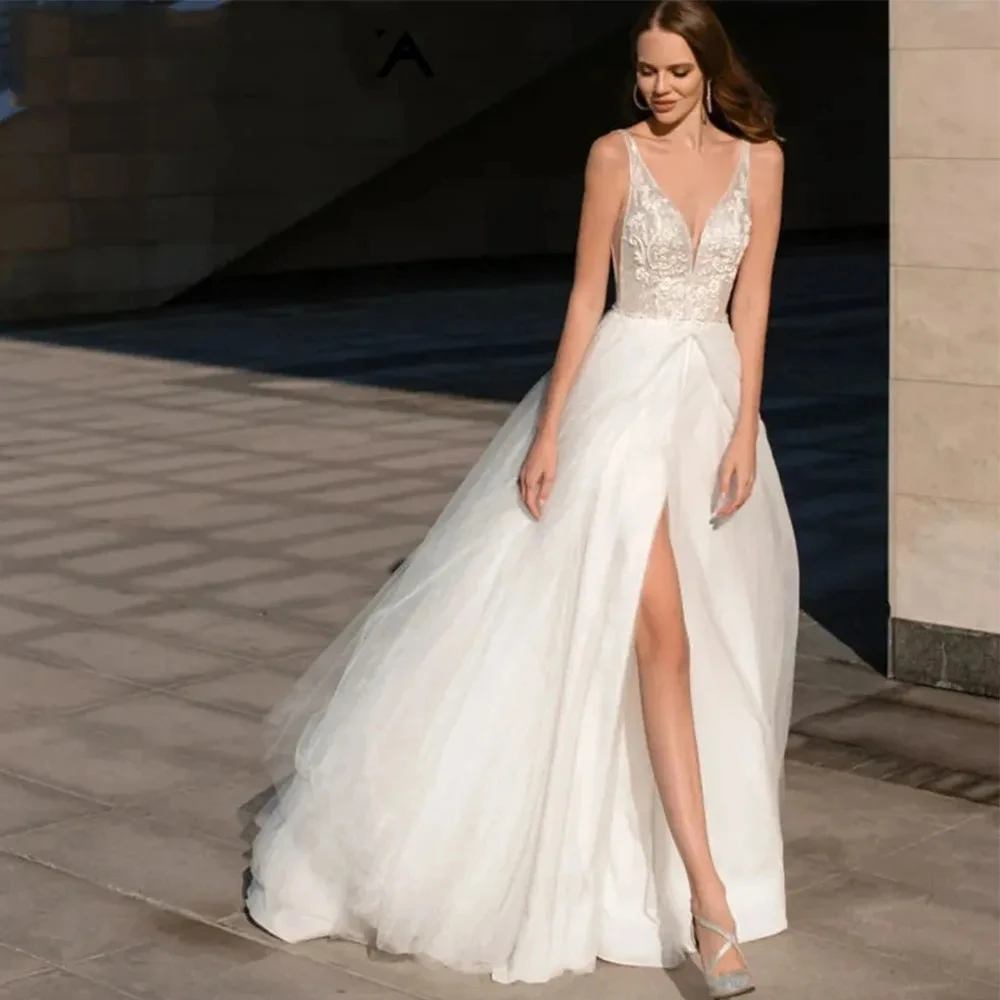 

Modern Wedding Dresses For Women 2024 Sexy Tulle Bridal Gowns Lace Appliques High Split Robes Backless Vestidos De Novia 2023