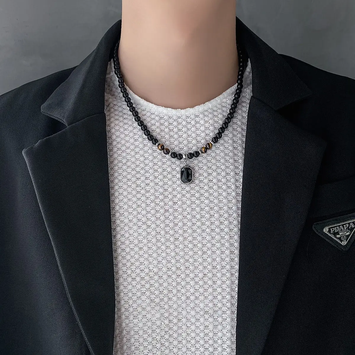 Black Beads with Square Pendant Necklace for Men Trendy Accessories on the Neck Collar 2024 Fashion Jewelry Male Gift Decoration