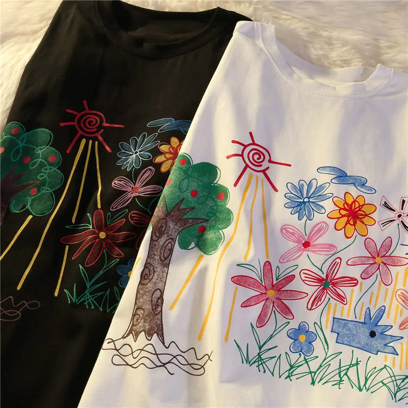 Camiseta de gran tamaño para mujer, ropa de calle con estampado de flores hermosas, Tops casuales de manga corta, camiseta negra para mujer, ropa Punk Y2k