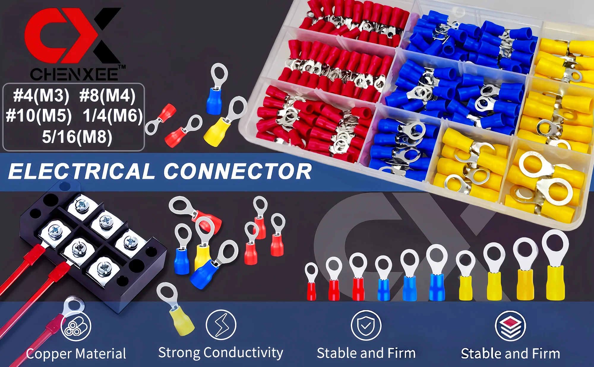 Ringkabelschuh-Set O-Typ Isolierte Elektrische Kabelverbinder 10 Größen M3 M4 M5 M6 M8 Rot Blau Gelb Sortierte Kabelanschlüsse – Detail 1
