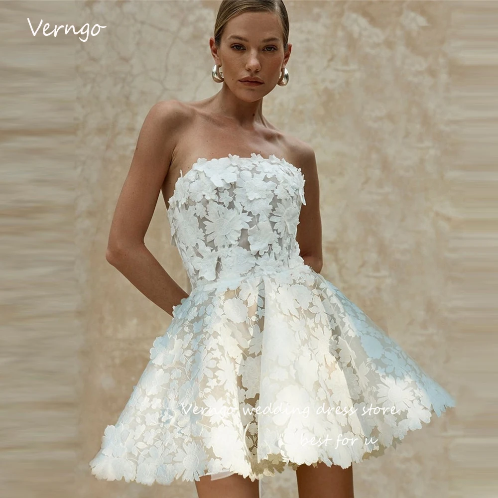 

Verngo 2023 Chic Full Lace Flowers A Line Wedding Dresses Strapless Mini Sexy Bridal Gowns Robe de mariage Vestidos de noiva