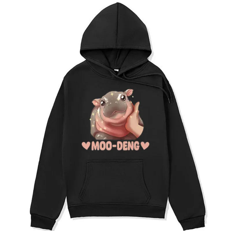 I Love Moo Deng Funny Meme Print Hoodie Men's Baby Hippo Vintage Sweatshirts Oversized Streetwear Winter Fashion Y2k Hoodies