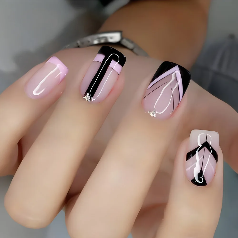 Kurze, mittellange künstliche Nägel für Frauen und Mädchen, quadratische Mandel-Nagelspitzen, schwarz, pink, weiß, mit Strass, zum Aufkleben.