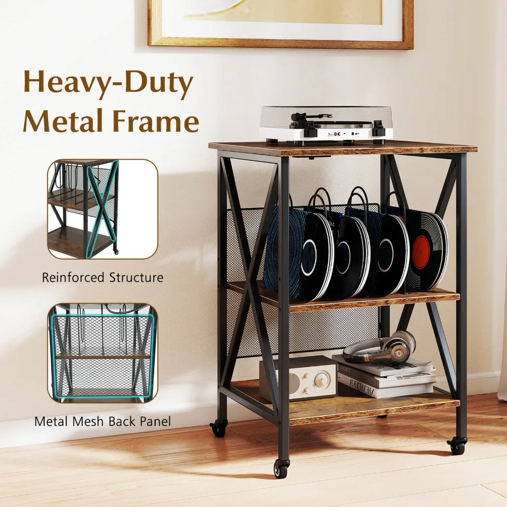 3-laags platenspelerstandaard met metalen verdelers, verstelbare plank en stopcontacten