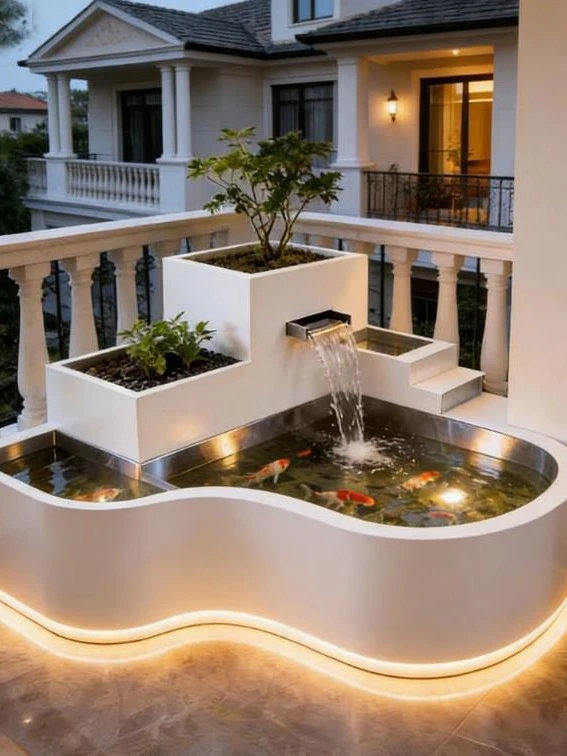 Luxury Small Stainless Steel Water Feature for Balcony - Modern White Koi Pond with Flower Pot & Light, Outdoor Garden Decor